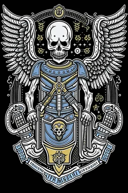 A coat of arms featuring the angel of death, and science fiction weapons