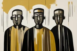 (three:2) determined ancient male Jews (wearing Jewish jewelry:2), acrylic painting, minimal art, centered, wild sparse brushstrokes, amazing verticals, great parallels, low bleak colors of gold, beige and black, excellent negative space contrasts