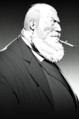 old man in profile smokes a cigar, shot hair, greyscale