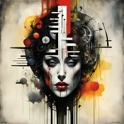 Autophagy, bar code art effect, rule of thirds, by Graham Sutherland, by Jarek Kubicki, asymmetric surrealism, volumetric lighting, existential dread, colorful, surrealism, primary colors, by Wassily Kandinsky