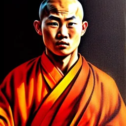 Portrait d'un jeune moine Shaolin, sombre, réaliste, très détaillé.