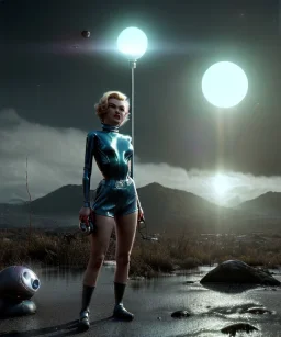 Ultra Realistic retro sci-fi 1960 scene, waist up view portrait, blonde woman, sweet young Marilyn Monroe face, perfect iris, tight latex coat, alien planet background, tight style, steel sphere dron levitating, fog, rain, soft color, highly detailed, unreal engine 5, ray tracing, RTX, lumen lighting, ultra detail, volumetric lighting, 3d, finely drawn, high definition, high resolution.