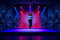 modern stage with gray-blue theme artistic decoration , color full dynamic lighting, a beautiful lady in pants and blouse with sport shoes dancing, 3D recursive fractal structure animating background