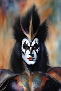 text "KISS", head and shoulders portrait, KISS Gene Simmons - well-shaped, perfect figure, perfect face, smiling, a multicolored, watercolor stained, wall in the background, oil painting in the art style of Frank Frazetta, 4k, 8k, 32k UHD, Hyper realistic, extremely colorful, vibrant, photorealistic, realistic, sharp, highly detailed, professional quality, beautiful, awesome, majestic, superb, trending on artstation, pleasing, lovely, Cinematic, gorgeous, Life like, Highly detailed