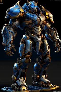 Ironclad stands at an imposing 8 feet tall and is heavily armored with a combination of sleek metallic plating and blue energy accents. Its body is adorned with a polished, reflective surface, giving it a distinct and imposing presence on the battlefield. His waist is snatched. His design is inspired by Nullsector from Overwatch