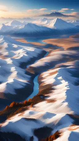 The most beautiful picture of photography, blue sky and white clouds, plateau landform, aerial bird's eye view, river, mountain, forest, sunset, snow-capped mountains, 8K ultra-high resolution Beautiful, High Detail, Wonderful Views, High Quality, High Resolution, High Stereoscopic Visual, Surreal, Crisp Quality