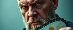 close up portrait of a ramen bucket that looks like a chain saw wielded by serious angry bald law man, in cinema