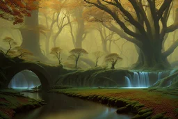 emerald river beneath incredible ancient stone arches, autumn trees, no people, by Ivan Shishkin, Ferdinand Knab, Dan Seagrave, Erik Johansson, Peter Mohrbacher, Anato Finnstark, Flavio Greco Paglia. unreal engine, bokeh sharp focus dof ultra realistic oil on canvas beautiful award winning photograph ultra detailed