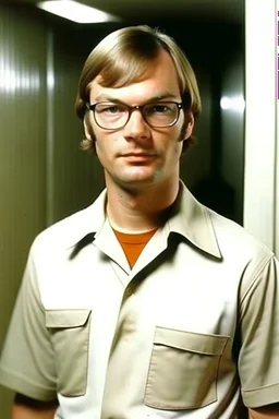 Jeffrey Dahmer with prison uniform in jail without glasses