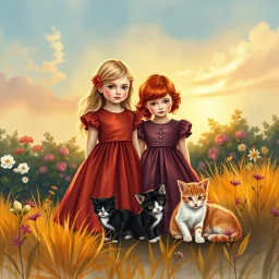 An elegant vertical painting suitable for a children's book cover or poster. Two young girls — one blonde, one redhead — in richly colored vintage dresses stand in a garden glowing with sunset light. Around them, three kittens rest peacefully: black, white, and ginger. The background shows softly glowing sky, flowers, and golden grass. The top third of the image is softly faded with light bokeh, creating space for a Hebrew or English title. The texture includes brush strokes, light craquelure, a