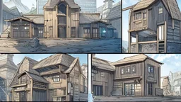 small Wooden European Cabin, In cyberpunk city-skyline, comic style