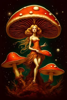 Beautiful rococo mushroom fairy, detailed eyes, realistic features, hq, fungi, celestial, moon, galaxy, stars, by Salvador Dalí, giger, Hieronymus Bosch, victo ngai, fungi, celestial, Ryan Hewett