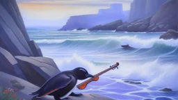 A realistic oil painting depicting a violin being played along a rocky penguin-filled coast, capturing the serenity and beauty of the scene