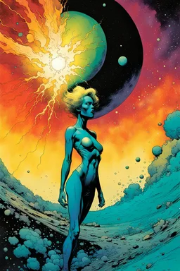 create an imaginative hybrid female extraterrestrial being, filming the exploding chaos of a dying star, in the comic book art style of Bill Sienkiewicz, Mike Mignola, and Jean Giraud Moebius, finely textured, drawn, colored, and inked