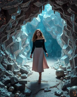 make a picture pretty cave made of crystal and metallic 3d fractal recursive cubic and sphere base structures and a beautiful fashion model lady with cute,with dark cyan decholte top and pretty pleated midi skirt,siver,curvy long hair,makeup, she walks in cave ,dynamic camera fallow her inside cave capturing full body, dynamic lights.