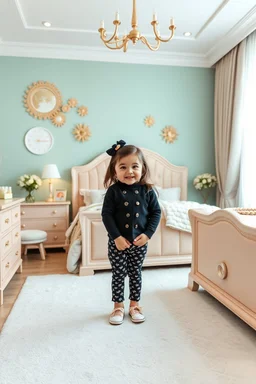 a 4 years old azeri girl in modern clothing and makeup standing pose with cute and joy with pertty shoes in a very large luxury baby bedroom