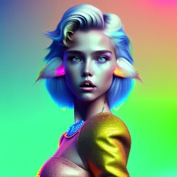 blonde woman teenager, gold teeth, purpurin, retro futuristic, feather dress, gradient color, BLUE, PINK, CYAN, neon, insanely detailed, 16k resolution, perfect eyes, cinematic smooth, intricate detail