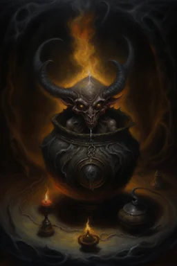 Living cauldron with shining sigil, slightly demonic alien imp gargoyle gremlin rat in it, prize winning oil painting