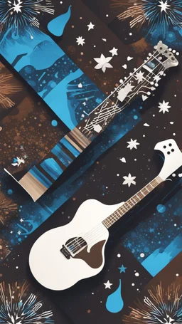 Create a dynamic snowboard pattern with a guitar theme, utilizing a maximum of 6 colors. Feature a stylized guitar fretboard running down the board in rich browns and blacks, complemented by rhythmic snowflakes in cool blues or silvers. Integrate a guitarist silhouette shredding down a mountain slope, using gradients for strumming motion. Keep the palette vibrant and harmonious, capturing the energy of music and snowboarding.