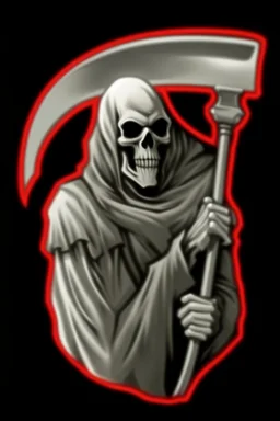 Grim-Reaper gripping scythe, vignette, black and white graphic novel style with a red outline, and black background,