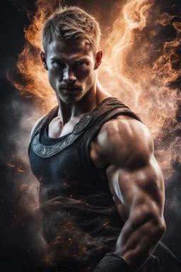 - extreme action pose - extremely muscular - 18-years-old - Chris Lucy Alan Hemsworth Liu Ritchson, soft colors, insanely detailed portrait, calligraphic, ornate, soft face, garden of delights, feminine patterns, bright, vibrant, colorful - Professional quality UHD photograph - Pitch black Background - explosions, scary dragons, sparks, fog