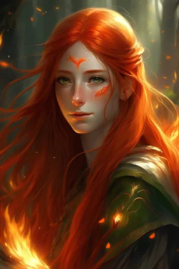 young female elf, long red hair that flares out like fire,