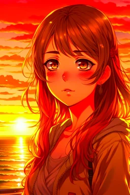 (image: An anime character with flowing hair and intense eyes, standing against a picturesque sunset), Descriptive Keywords: Anime Character, Flowing Hair, Intense Eyes, Sunset, Beauty, Ultra Realistic, Anime, Anime Character Type: Heroine, Camera Lens Type: Wide-angle lens, Camera Aperture Settings: f/2.8, Time of Day: Golden Hour (evening), Style of Anime Character: Strong and Determined, Type of Film: Digital