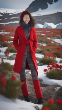 Turkish Supermodel, 20yo, tight red polar clothes, tall woman, beauty. Background: Antarctica Landscape Influences: Japanese Influenced Colourful Gardens, Joyful Celebration of Nature Emphasisers: BlueCore, PolarCore Camera: Shot on a Hasselblad medium format camera. Carl Zeiss Distagon t* 15 mm f/ 2. 8 ze, Ricoh r1. --ar 3:2 --q 2 --v 5. 1 --style raw