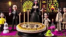 draw a birthday cake with logo number 23 and one candle 23 ,Insanely detailed Addams Family movie still with Barbie dolls.