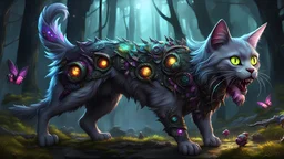 awesome (zombie feline:1.5) eating a (pretty canine:1.5) with fur and bits flying in the air, wacky zany facial expression, intricate detail, sharp, colorful, iridescent, deep color, grey and black fairy forest, 8k resolution, trending on Artstation, glowing runes, zombiecore, H.R. Giger, dynamic lighting