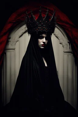 A dark, gothic portrait of a mysterious figure draped in a flowing black veil. The subject wears a red ornate crown adorned with small sharp spikes, giving a celestial yet eerie presence. The background is white solid, enhancing the contrast between the red fabric and the metallic crown. The lighting is dramatic, softly illuminating the veiled face while casting shadows that add to the enigmatic and religiously symbolic atmosphere. The aesthetic is reminiscent of dark baroque or gothic art