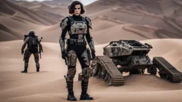 beautiful caucasian female soldier, black metal body and limbs, visible cybernetic limbs, scratched sand camo metal details, short brunette wavy bob haircut, dystopian, desert scene