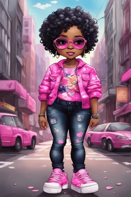 create an watercolor painting illustration of a chibi cartoon voluptuous black female. Wearing a tye dye blouse and tight black jeans with hot pink Nike sneakers. Prominent make up with hazel eyes and she is wearing pink glasses. Extremely Highly detail of a very low platinum shiny black pixie haircut. Background of a busy city street. 2k