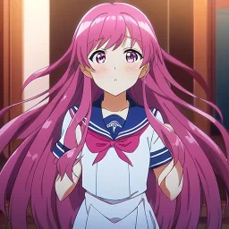 Clear focus, High resolution, A anime teenager, anime screencap, pink long hair, pink eyes, wearing a sailor uniform, blushing