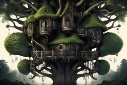 Extreme Unusual Treehouse in surreal forest, vegetation, spiky tendrils, intricate details, dark colors, detalied, dark fantasy, psychedelic, very detailed, cinematic
