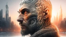 Double exposure, Wolfman, photorealism, man, city, sunset, snow, rain, fantasy, mystical, tattoo, vertical pupils, high detail, high resolution, 8K