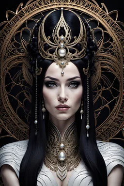 detailed beautiful goddess Hel with long black hair, pale white skin, detailed eyes, sitting on the throne of Helheim, inquisitive spirit | inspiration | dark colors, intricate detailing, surrealism, fractal hair, enigmatic villainess smile, dressed in complex chaotic fractal leather, artificial nightmares style, reflective eyes, detailed eyes, detailed art deco ornamentation, Cinematic lighting, Volumetric lighting,Photorealism, Bokeh blur, Very high detail, Sony Alpha α7, IS1900