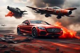 Fotorealistisch ein einzelnes völlig rostiges, verbeultes Mercedes Coupe der C-Klasse rast durch eine dystopische Endzeit-Landschaft auf den Betrachter zu während ein einzelnes knallrot lackiertes VTOL-Jagdflugzeug vom Typ Sea Harrier es darüber schwebend verfolgt