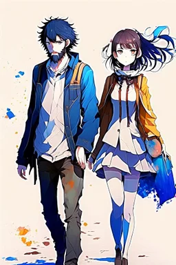 anime couple, walking , colorful, man with salt and pepper beard and woman with dark hair and blue eyes
