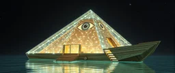 benign transparent superwood alien mega scifi pyramid katamaran ark boat with superwood draw bridge and wing doors and a all seeing eye
