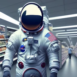 Dessin irréaliste d'un astronaute qui porte son casque qui fait ses course dans un supermarché, de profile, vue de tout le corps, angle bas, 8k, 3D, très détaillée , cinema 4D, vue en profondeur