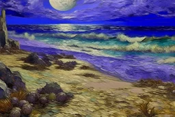 A violet beach near an undersea reef painted by Vincent van Gogh