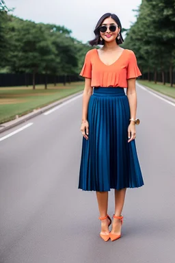 fullbody shot of young-beautiful-ozbek-with-a-perfect-face-with-make-up-wearing-orange top and midi pleated blue skirt