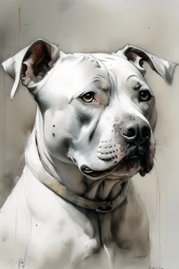 Portrait of a White Staffie dog with gentle expression in the style of Willem Haenraets, Yoji Shinkawa, Guy Denning, Florian Nicolle In chalk and rough pastel
