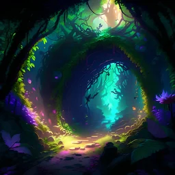 An image that depicts an epic and heroic scene from a video game about the tunnel of love located in a lush and fantastic, fairy forest.