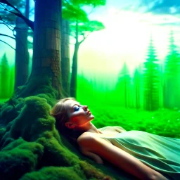 surreal woman relaxing in the forest