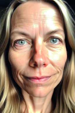 A selfie of a woman, middle blond hair, showing a 39-year-old European woman. She has brown hair, face without makeup, cute nose, detailed full lips, skin texture. Natural lighting and low contrast. Face framed.