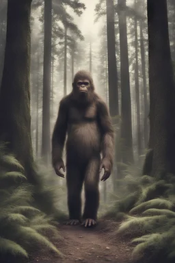 Teenage boy with bigfoot in forest,ultra realistic group old photo, ultra detail ultra realistic