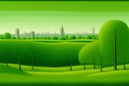 A green plain near a big city high rise buildings painted by Henri Rousseau