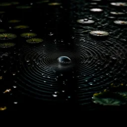 a raindrop creating one beautiful circle in a pond, dark colours